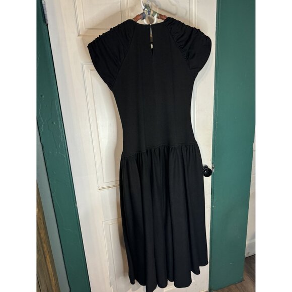 90's Michelle Stuart Black Midi Dress With Ruched Sleeves & Flared Skirt - Picture 4 of 5
